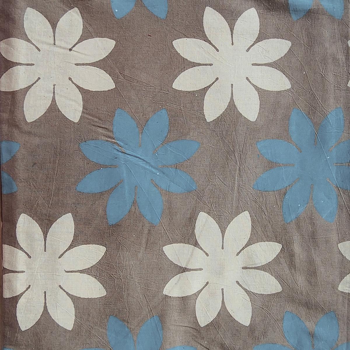 Pure Cotton Dabu Grey With Blue And White Flower Motif Hand Block Print Fabric