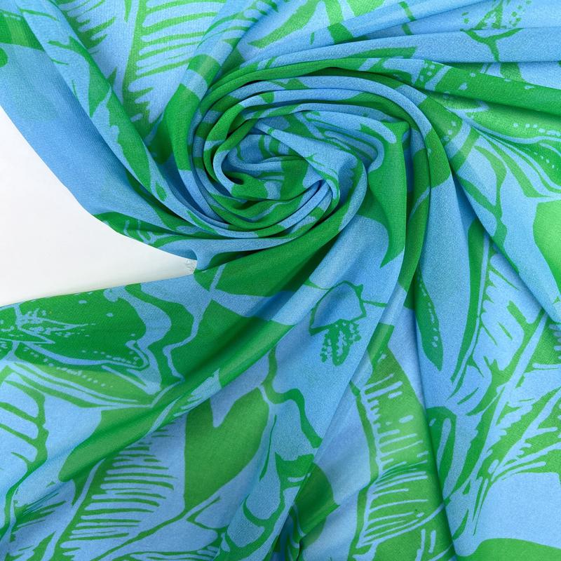 Floral Printed Green-Blue Polyester Chiffon