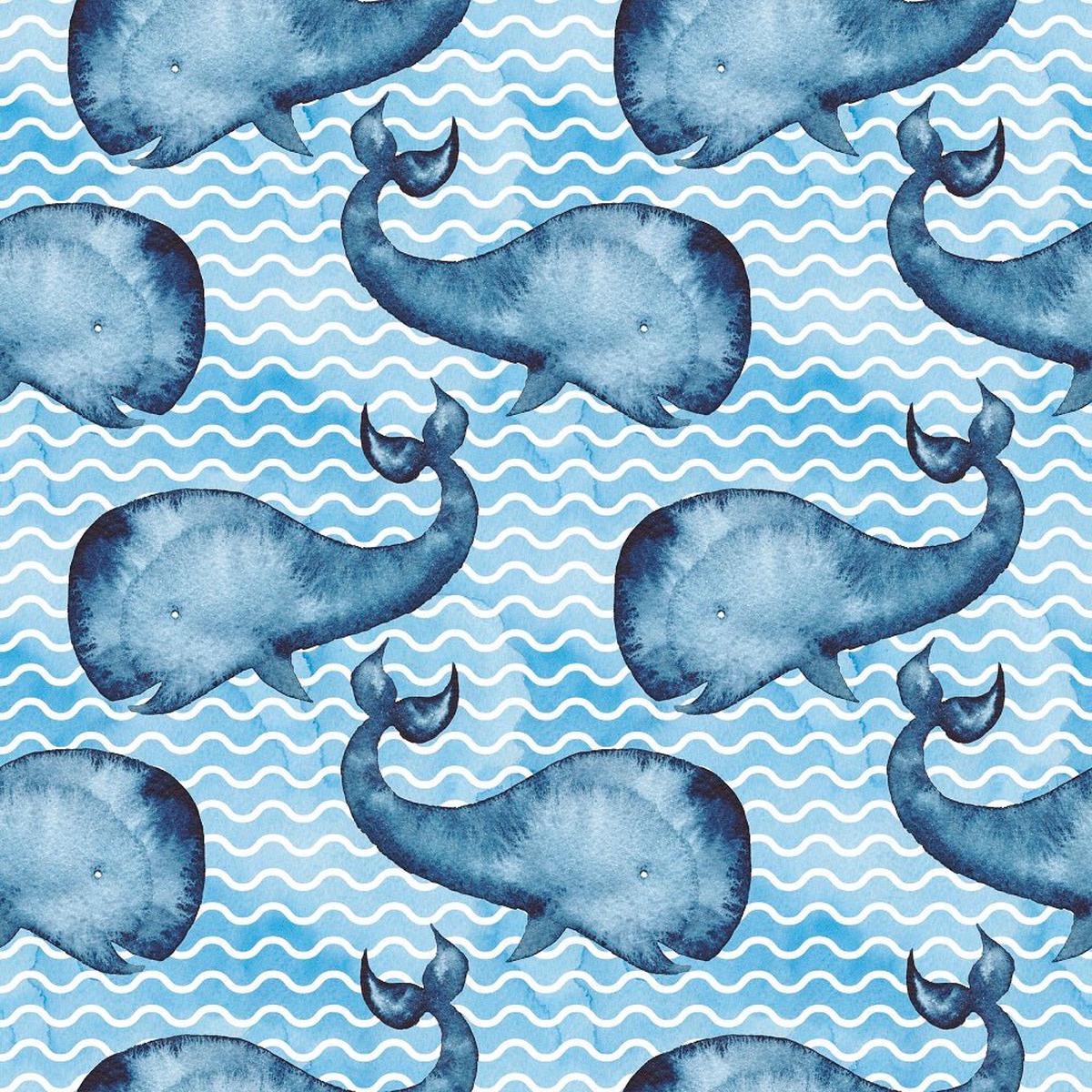 Watercolor Whales on Waves Fabric