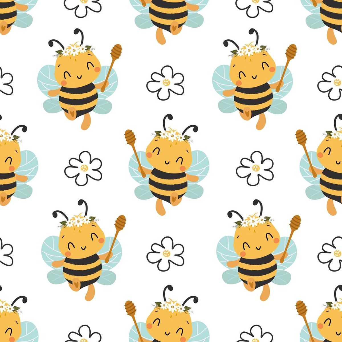 Cute Bees Allover Fabric - White