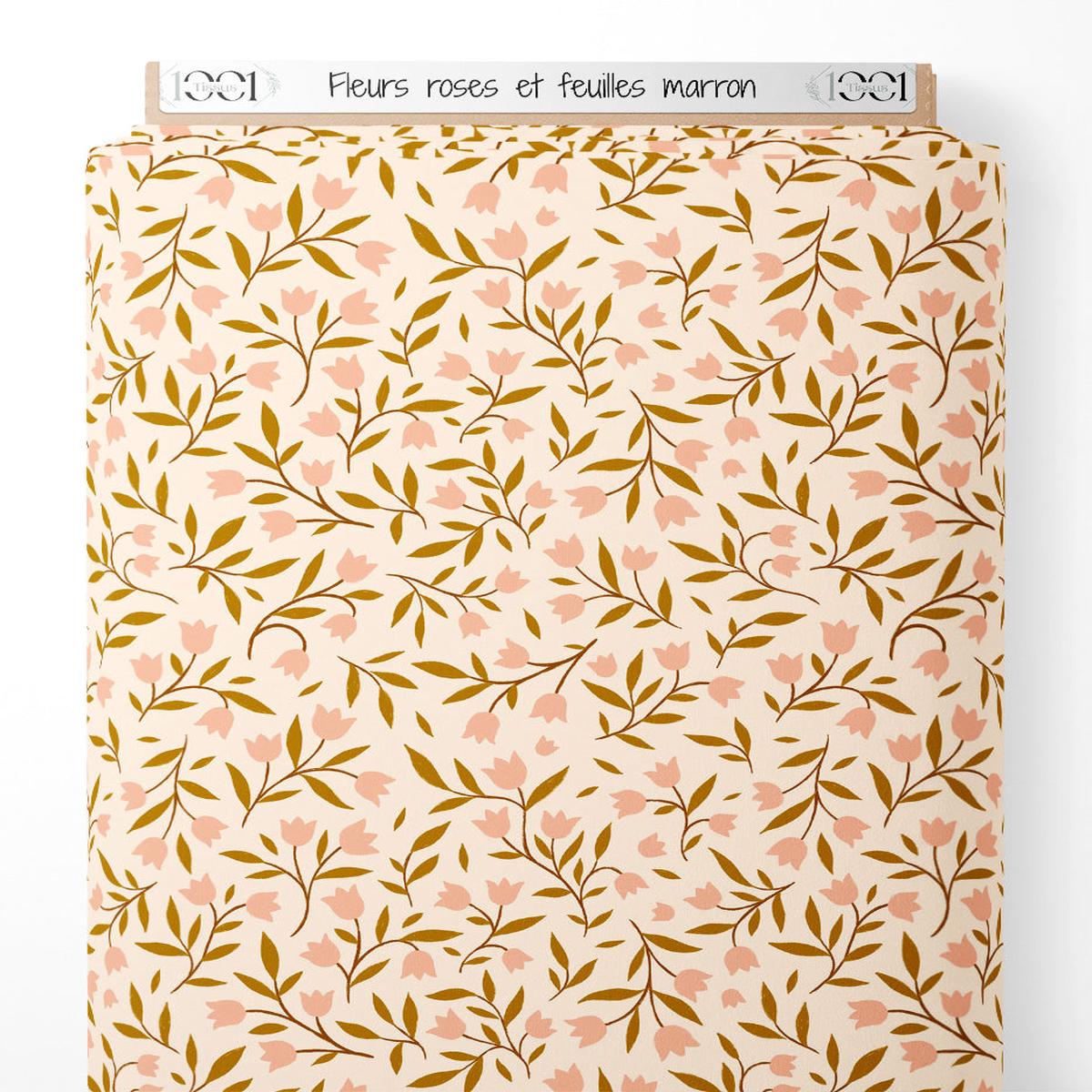 Tissu - Fleurs roses et feuilles marron
