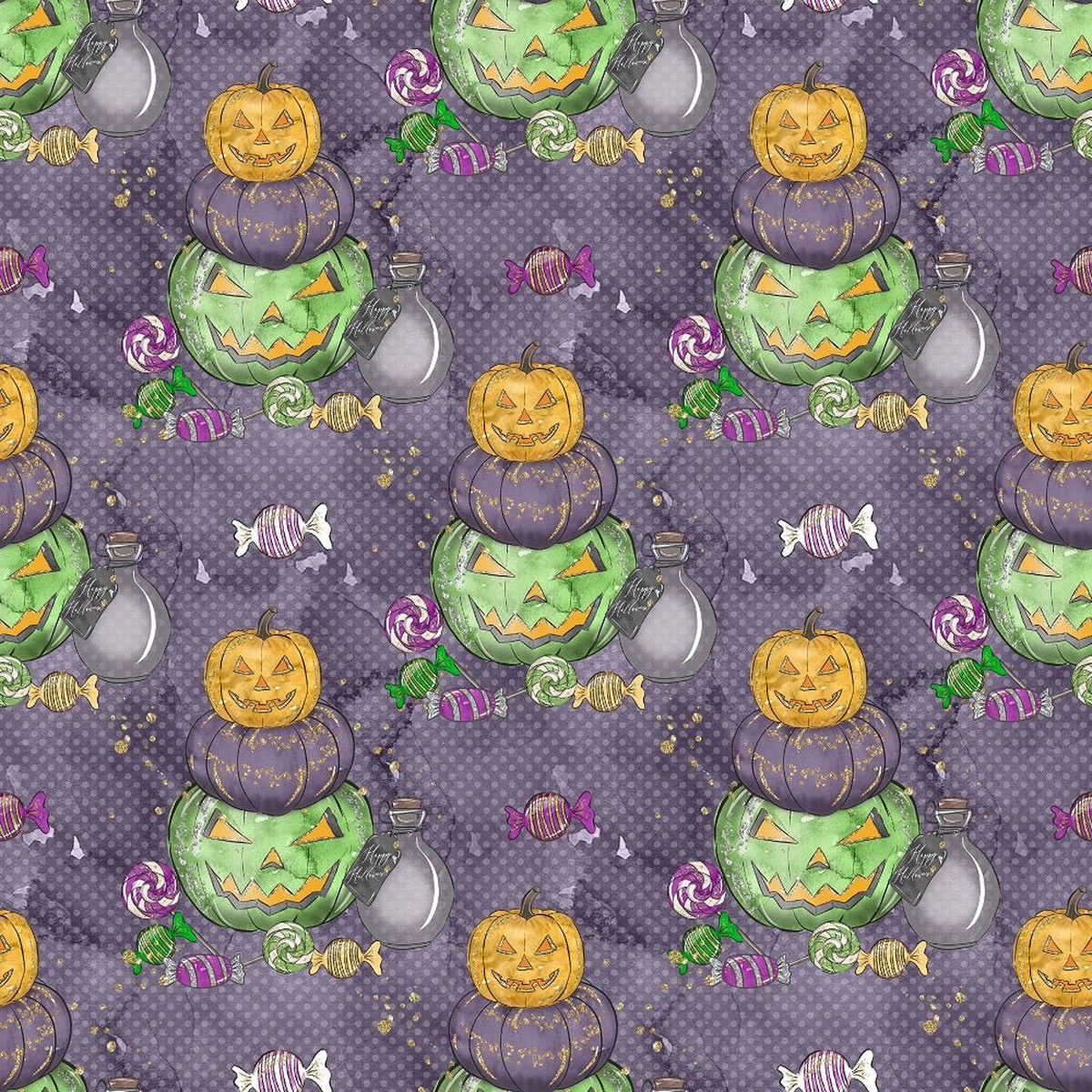 Halloween Candy Stacked Pumpkins Fabric - Gray