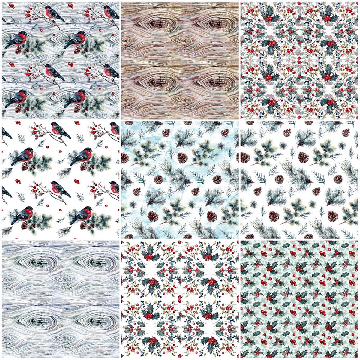 Bullfinch Watercolor Christmas Fat Quarter Bundle - 9 Pieces