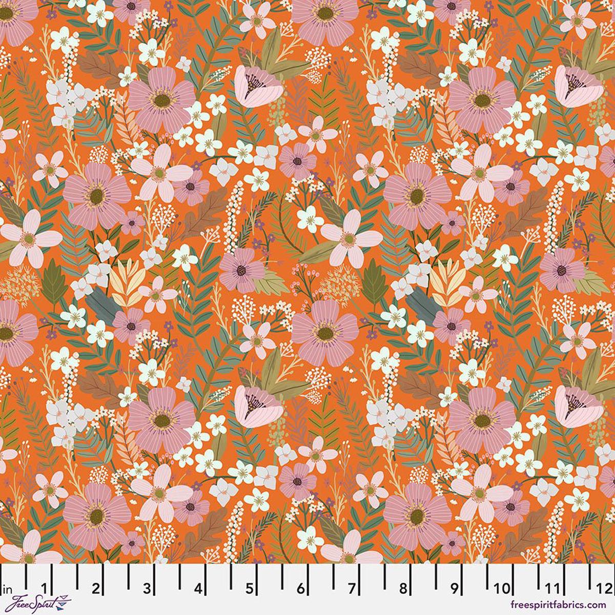 Free Spirit Fabrics - Autumn Friends Floral Mist Mango SOLD BY THE HALF YARD