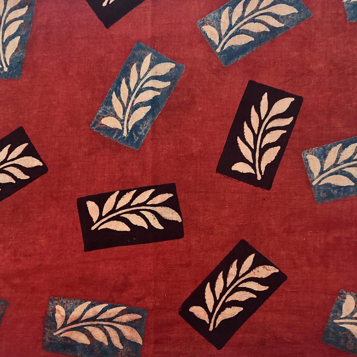 Pure Cotton Ajrak Red With Black And Blue Square Interior Leaf Motif Hand Block Print Fabric