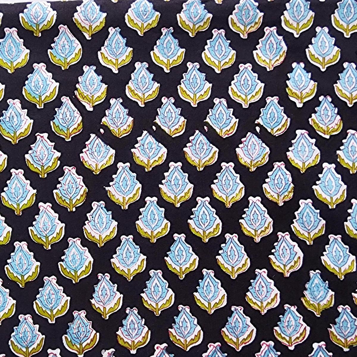 Pure Cotton Jaipuri Black With Leaf Plant Motif Hand Block Print Fabric