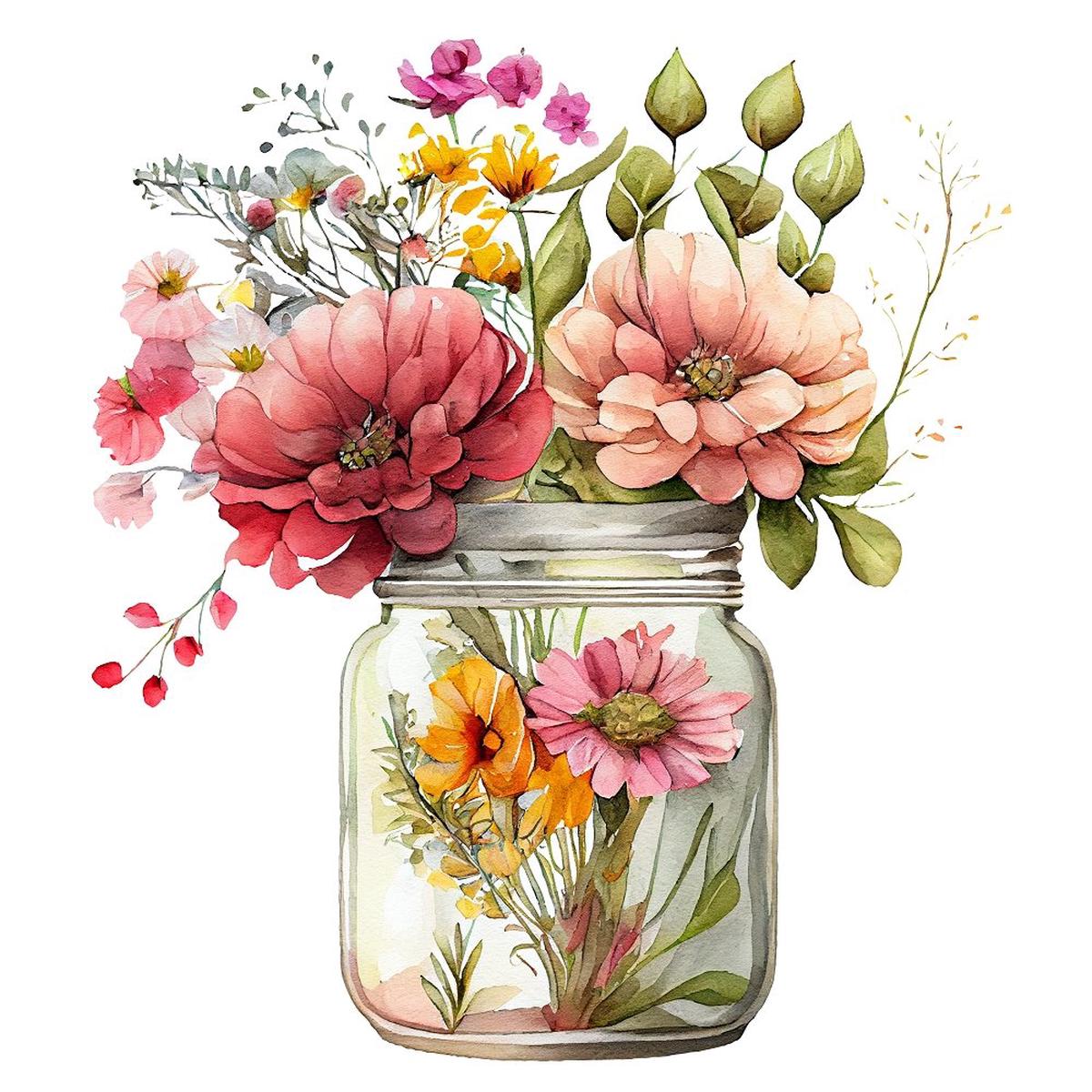 Mason Jar Flowers 4 Fabric Panel