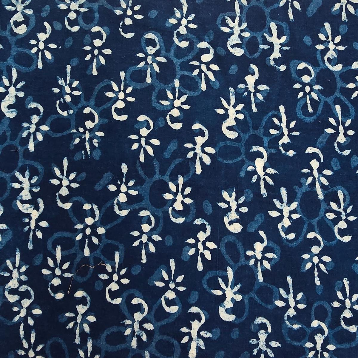 Pure Cotton Indigo With Flower Motif And Self Design Hand Block Print Fabric