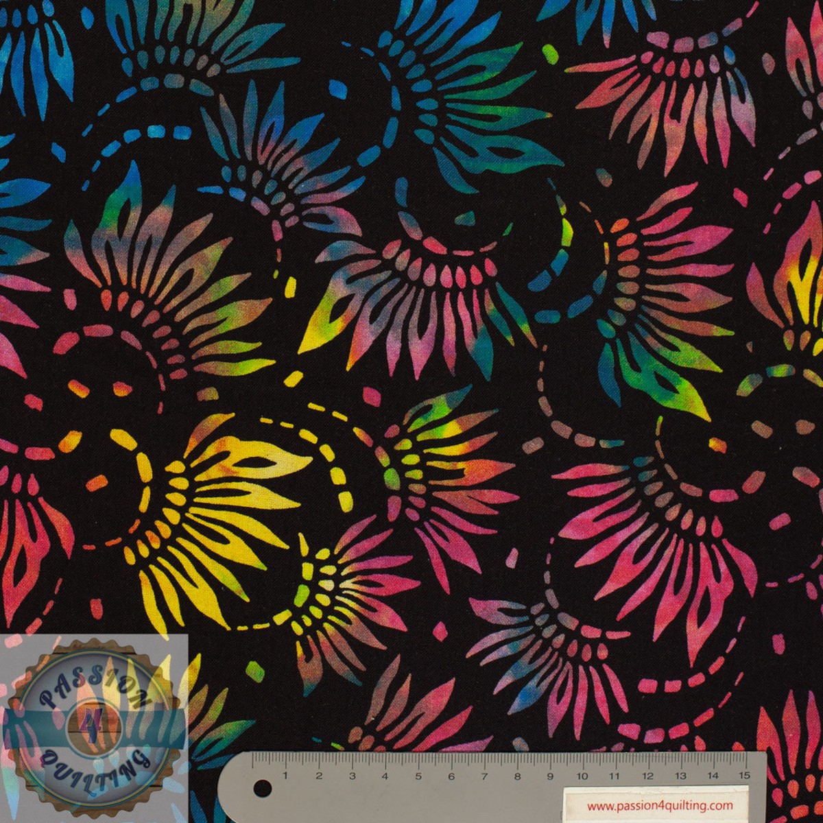 Multi coloured flowers Design on Black 108" wide per 25cm