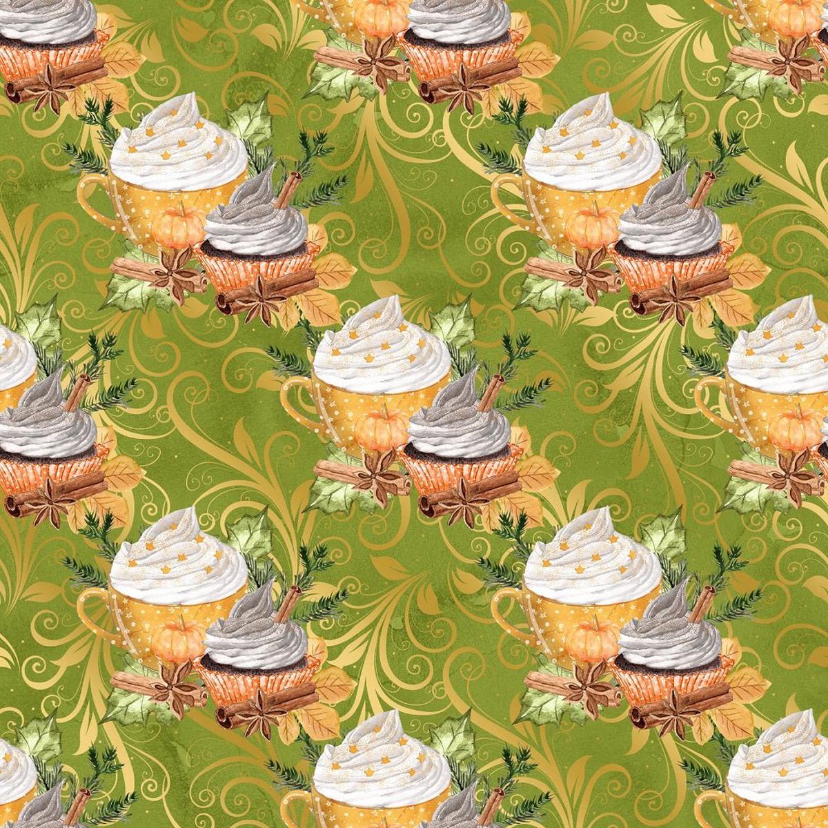 Pumpkin Spice Latte on Vines Fabric - Green