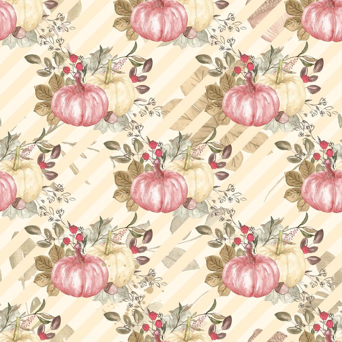 Pumpkin Paradise on Diagonal Stripes Fabric - Tan
