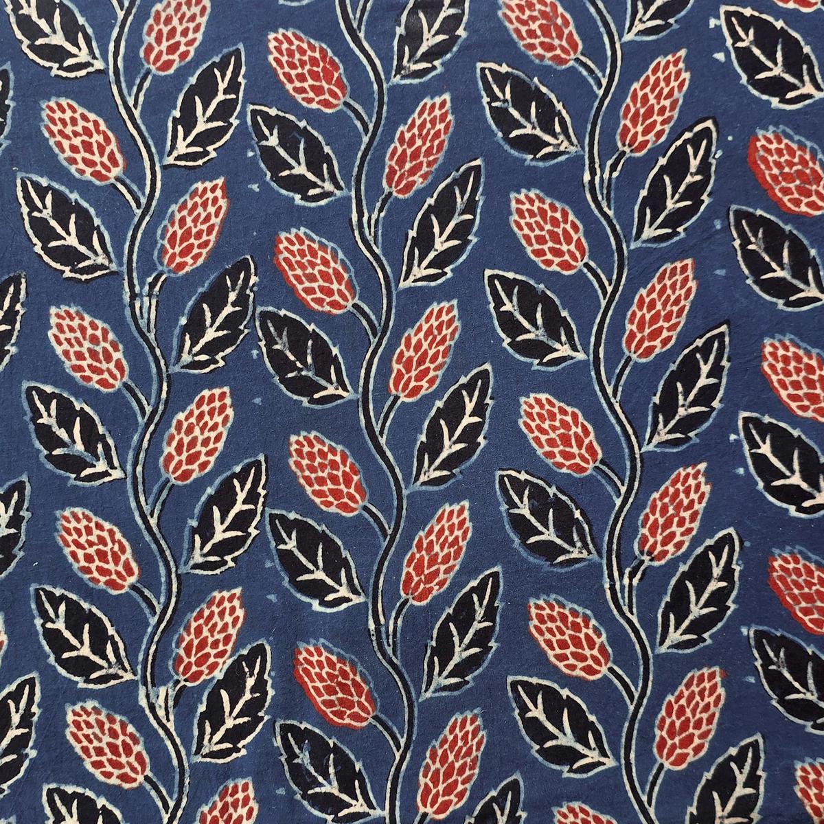 Pure Cotton Gad Ajrak Blue With Red Leaves Creeper Hand Block Print Fabric