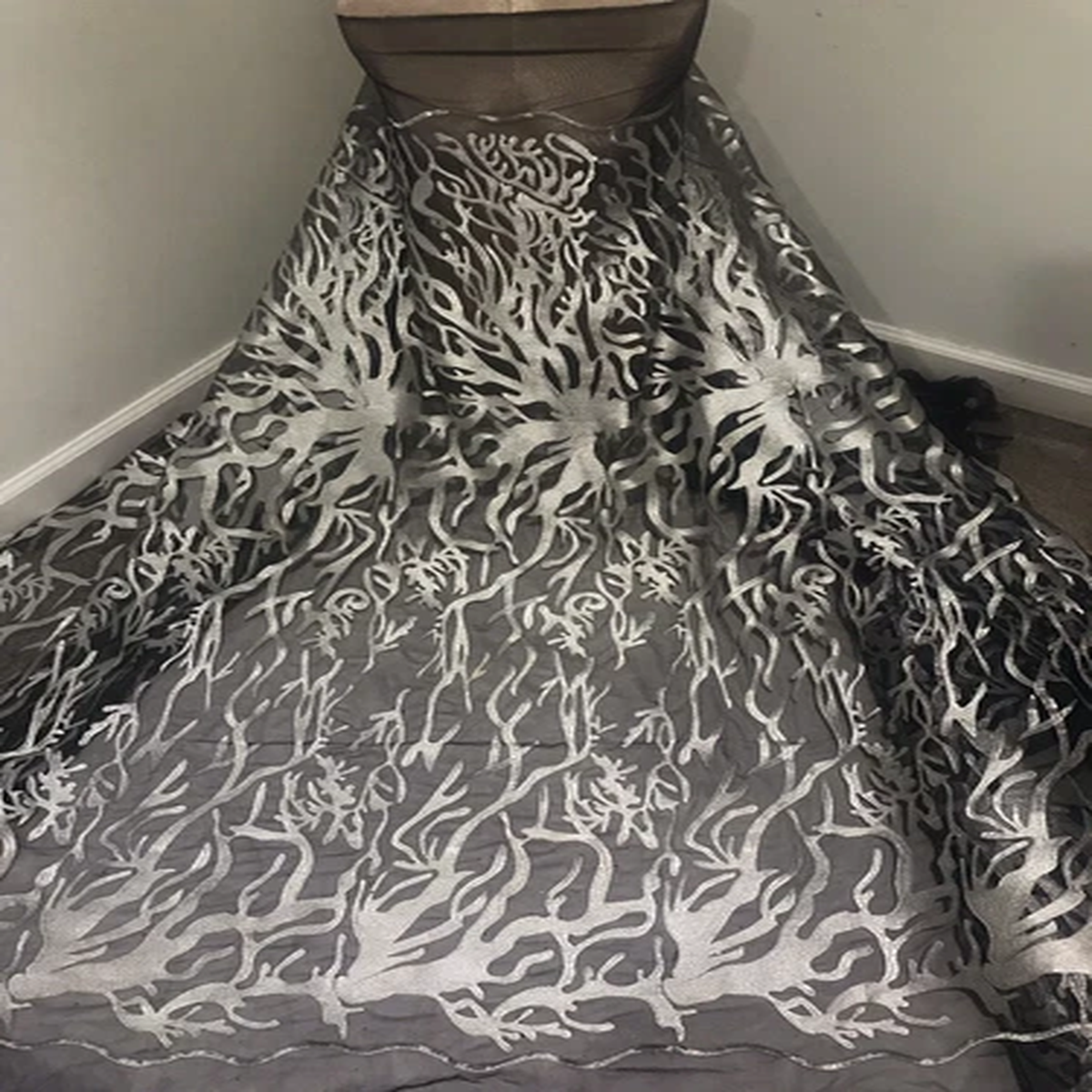 Silver Black Embroidery Lace Fabric 50 Width Sold By The Yard