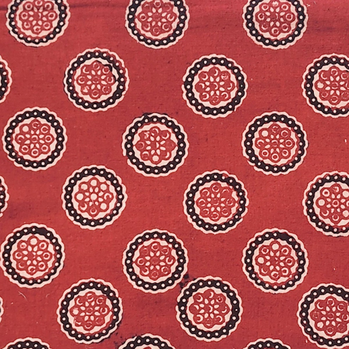 Pure Cotton Ajrak Vegetable Dyed Red With Cream Black Circle Motif Hand Block Print Fabric