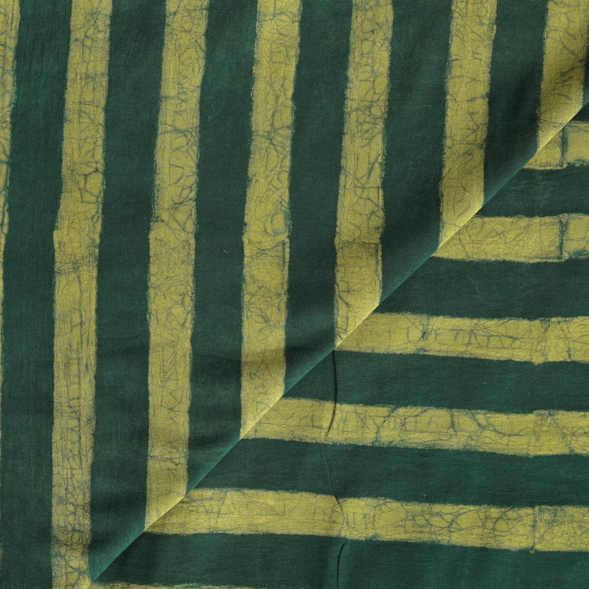 Pure Cotton Akola Dabu Green With Yellow Fat Stripes Hand Block Print Fabric