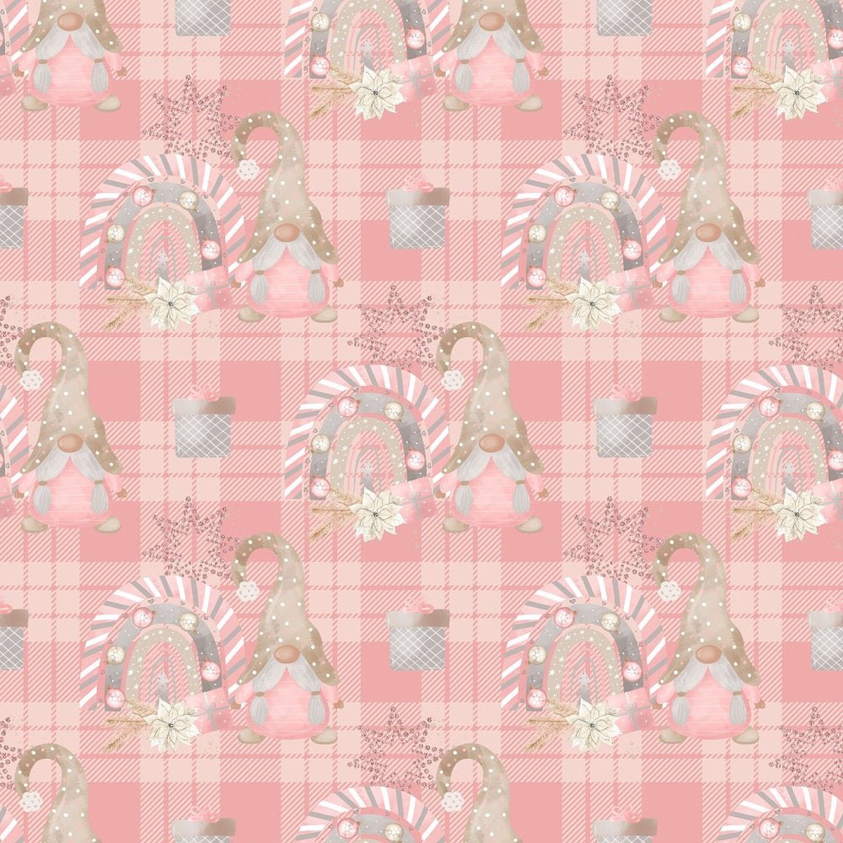 Sweet Christmas Gnomes with Rainbows Fabric - Pink