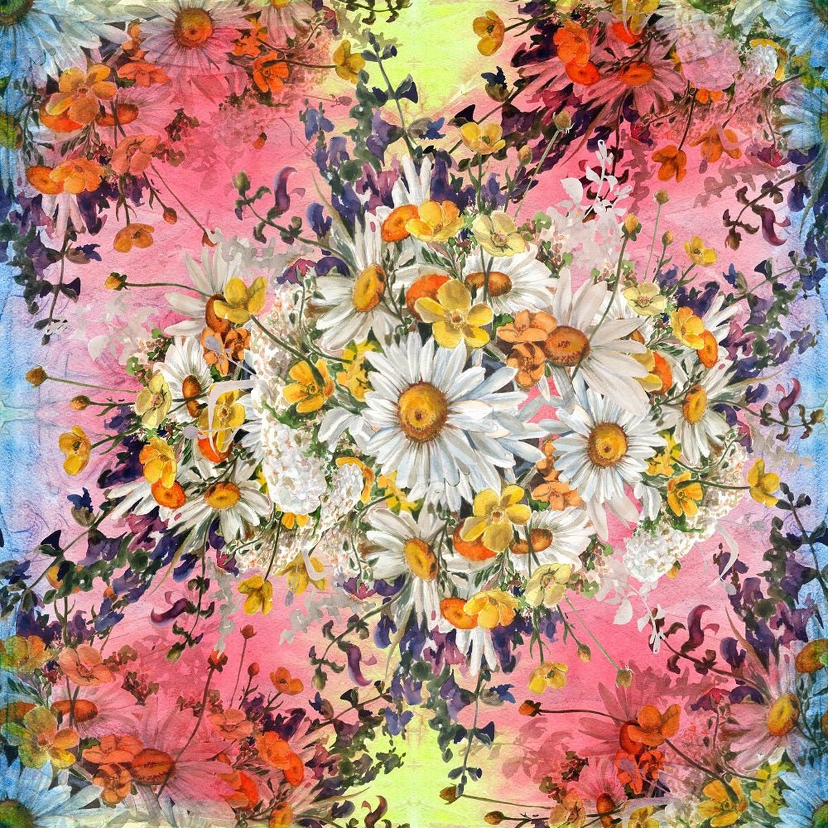 Chamomile Flowers Herbs Fabric - Red