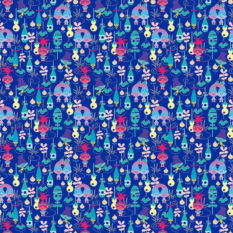 Licensed Dreamworks Trolls Packed on Blue cotton Woven Fabric