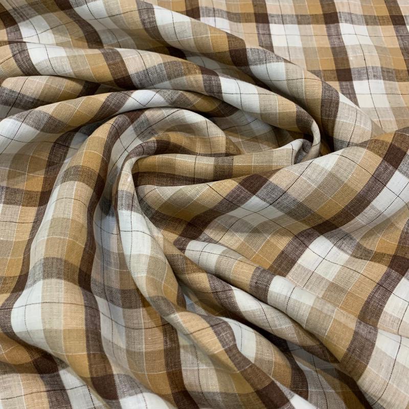 Plaid Linen Fabric - Brown and Tan