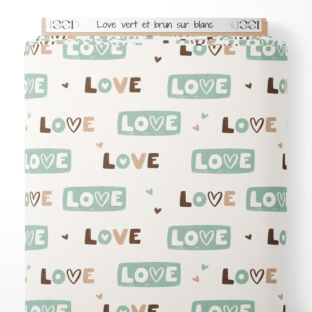 Tissu - Love vert et brun sur blanc
