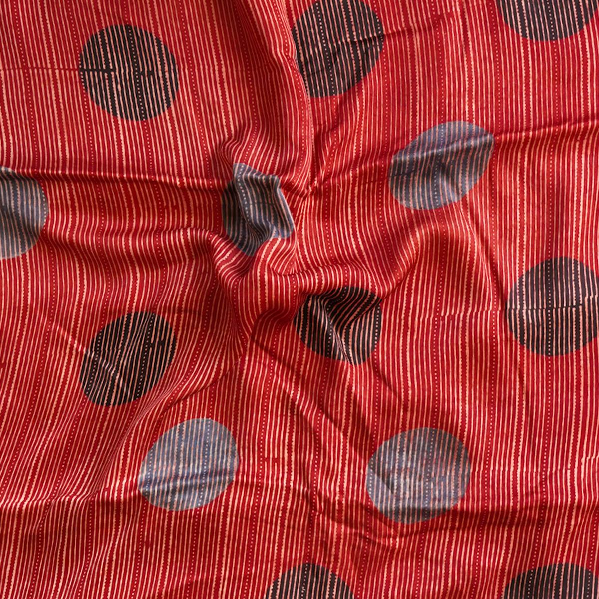 Modal Silk Ajrak Red With Blue And Black Big polka dot Fine Stripes Hand Block Print Fabric