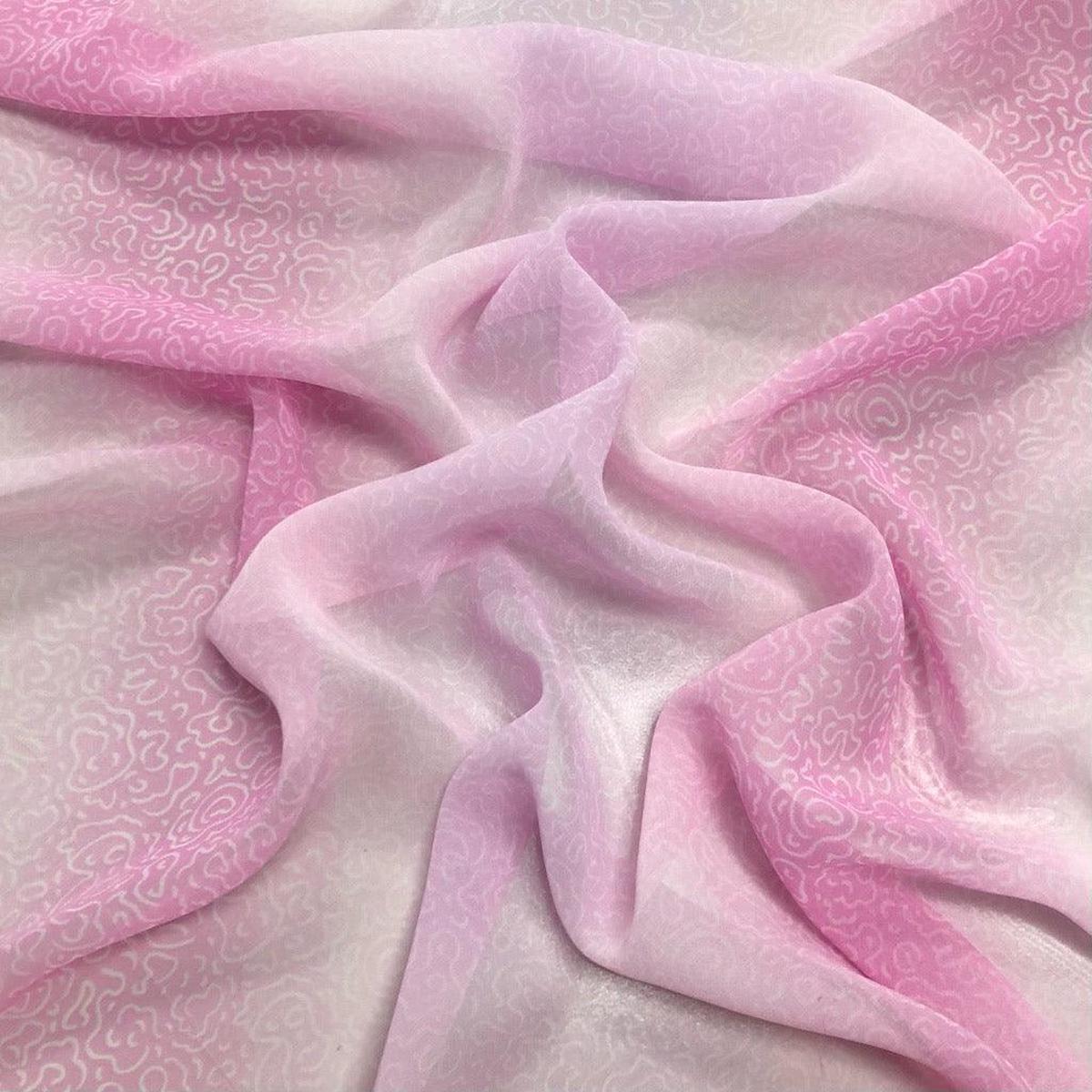 White Doodles on Pink and Lilac Chiffon Fabric - 3m Pre-cut