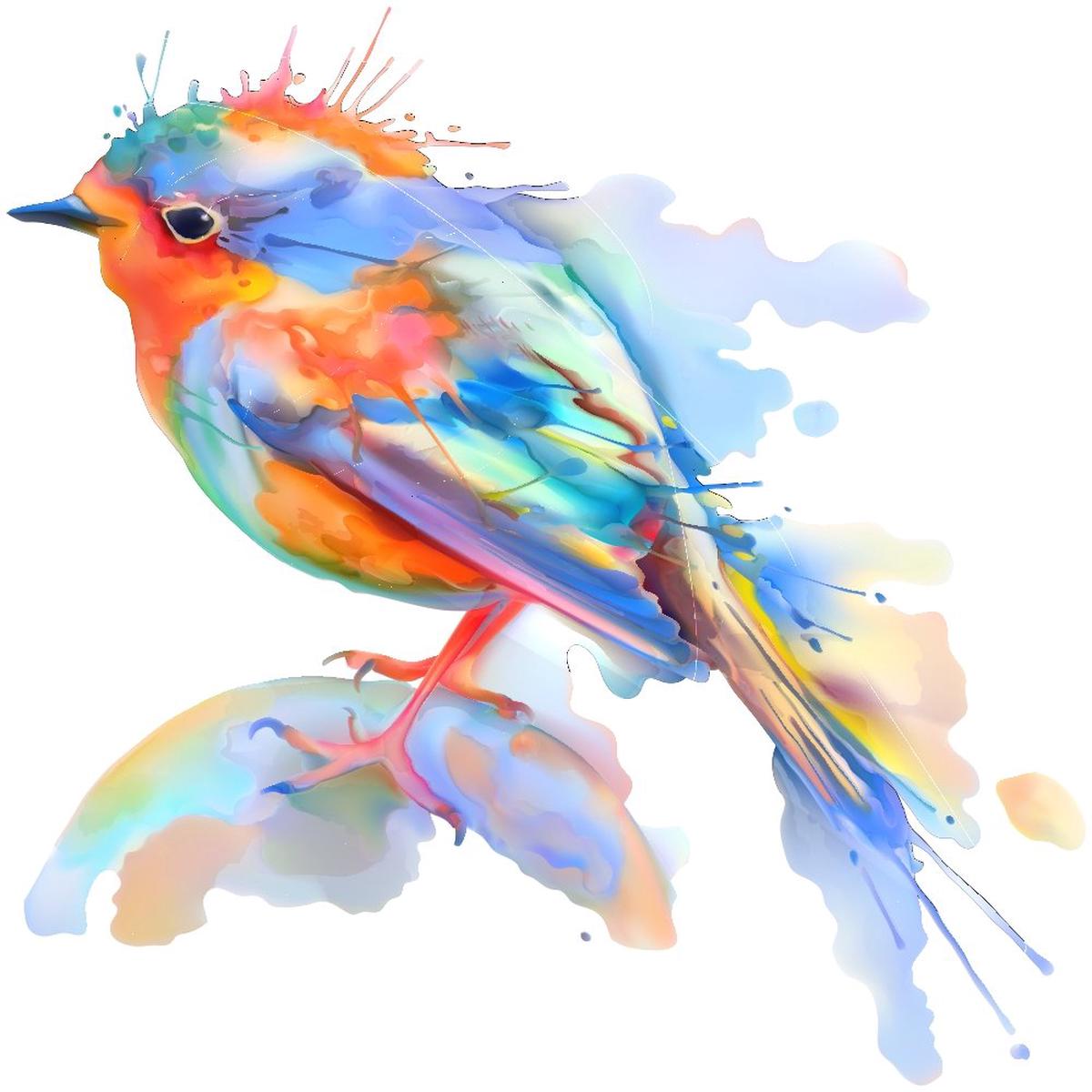 Colorful Watercolor Splash Little Bird Fabric Panel