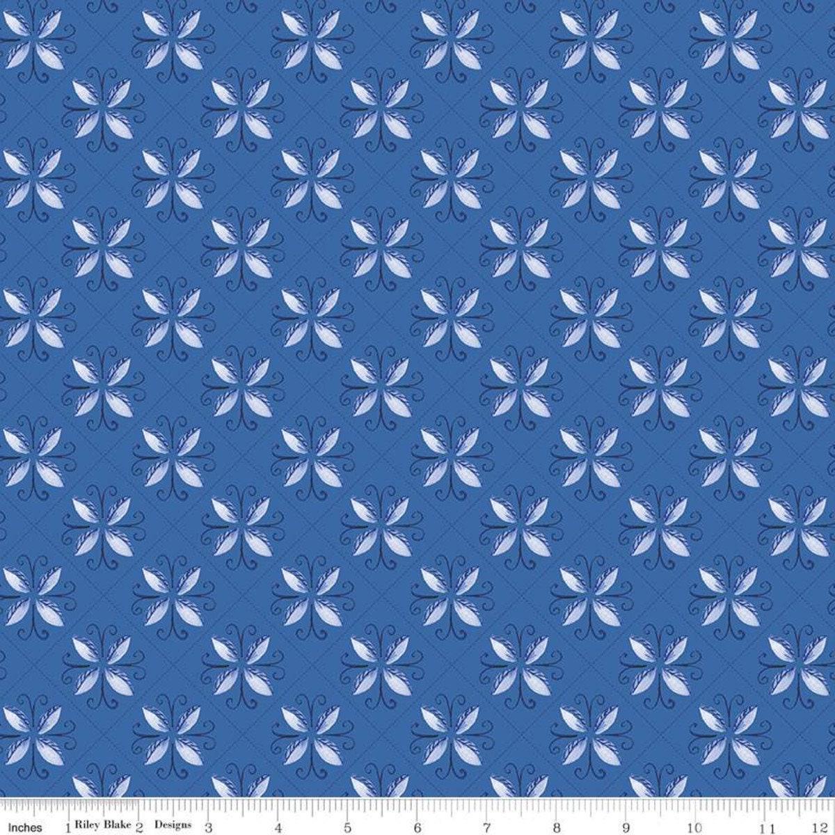 12" End of Bolt - SALE Sunshine & Dewdrops Tile C11971 Blue - Riley Blake Designs - Geometric Leaf Medallions - Quilting Cotton Fabric