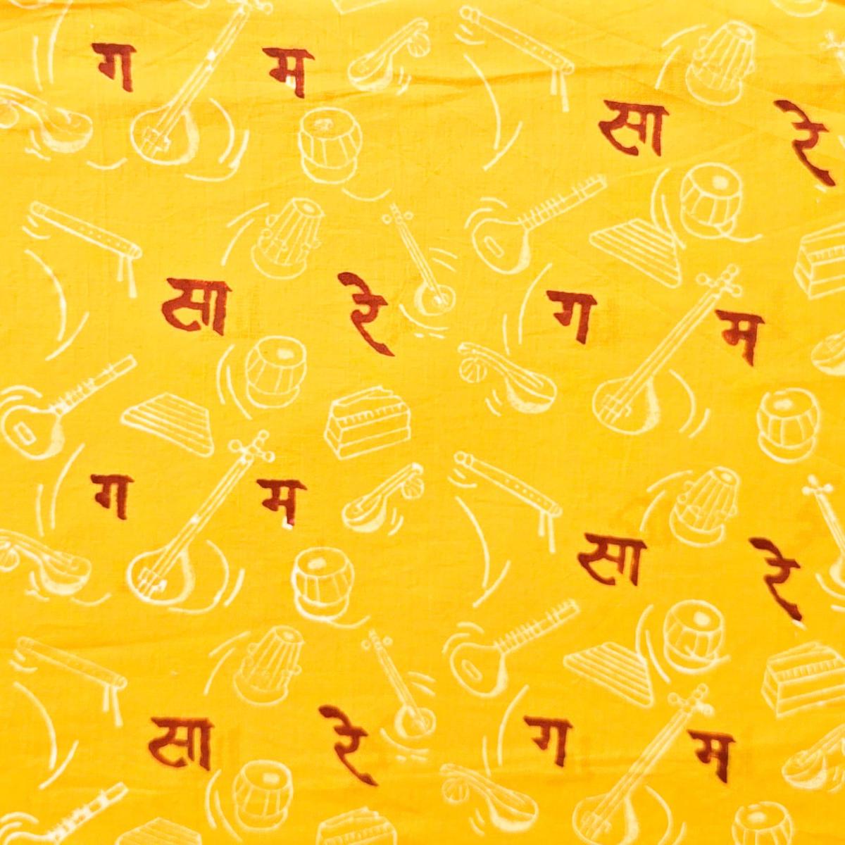 Pure Cotton Discharge Yellow With instrumental Motif Hand Block Print Fabric