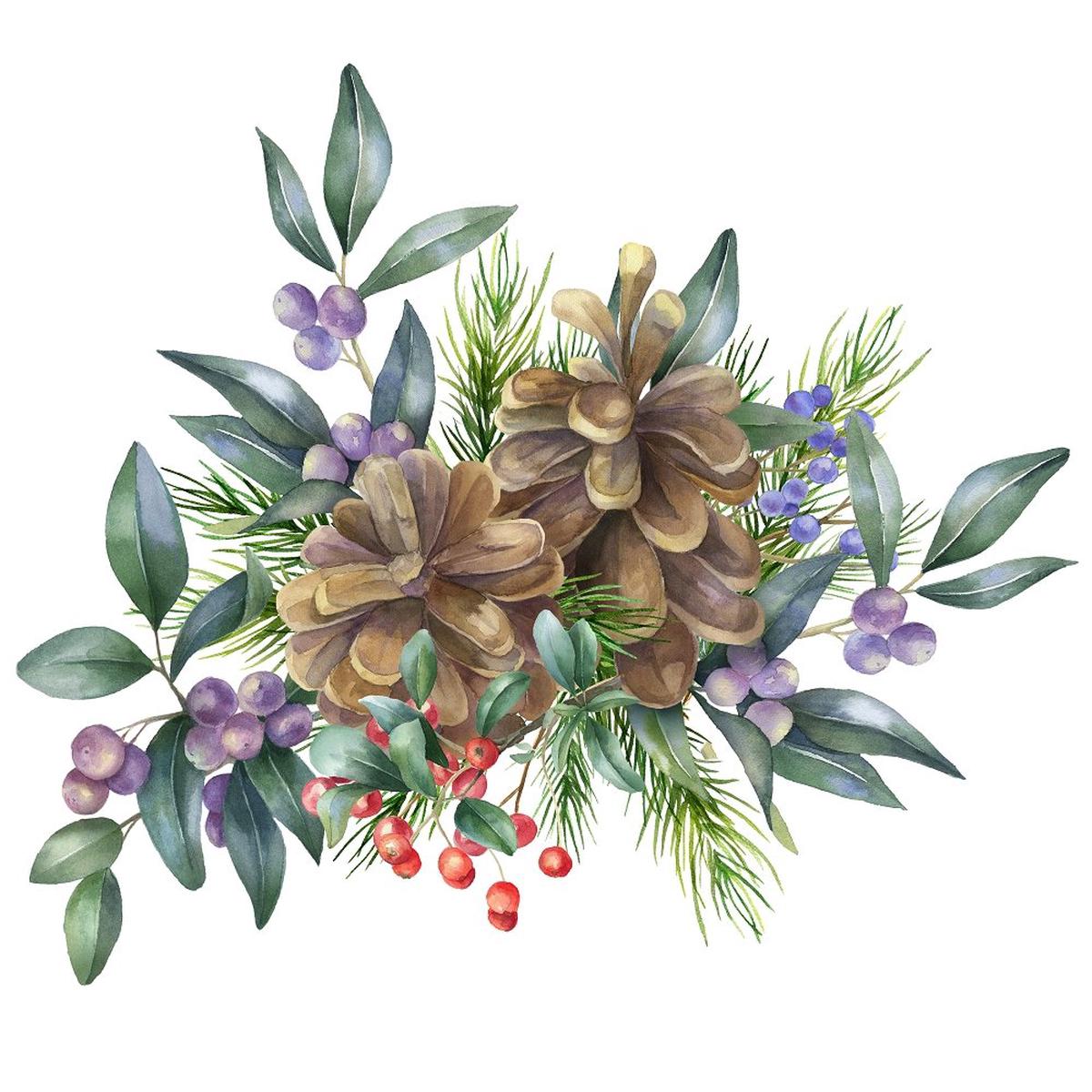 Christmas Night Pine Cone Bouquet Fabric Panel - White