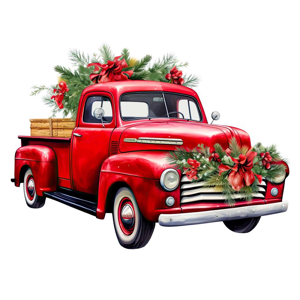 Vintage Red Christmas Truck Fabric Panel
