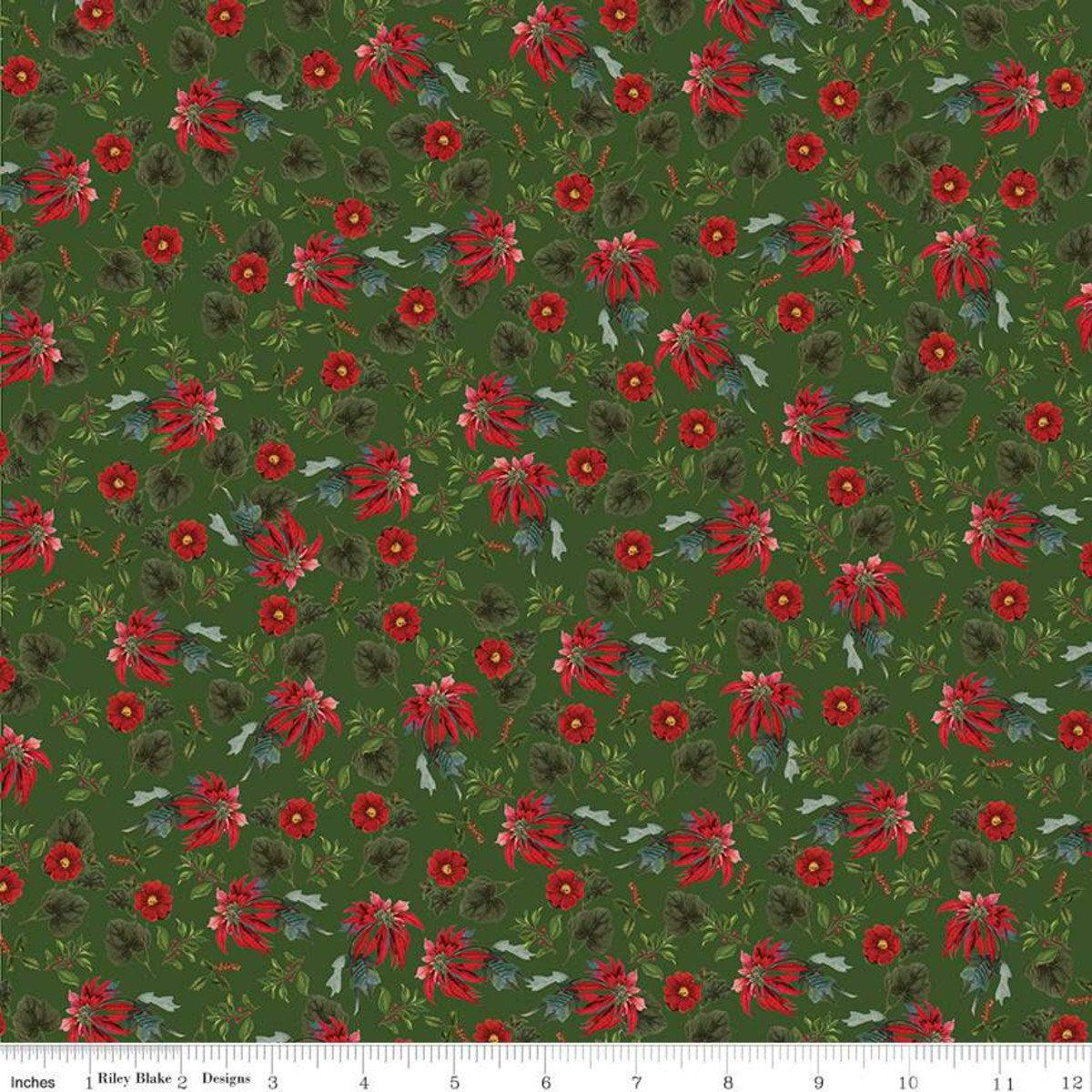 CLEARANCE Yuletide Poinsettias Green - Riley Blake Designs - Floral Flowers Leaves Holly Berries - Quilting Cotton Fabric