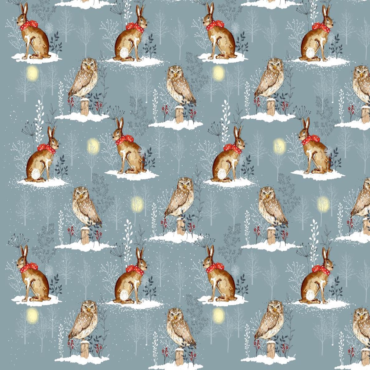 Fabric, Winter Moon, Owl and Hare Grey 80970 Col 1