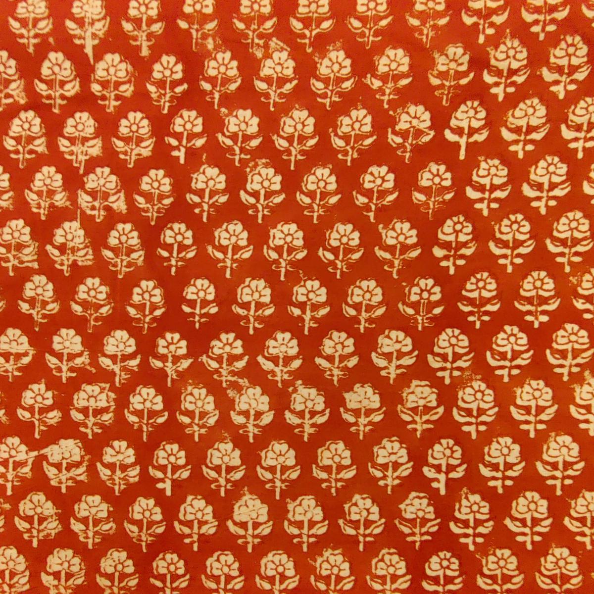 Pure Cotton Bagru Rust With Tiny Flowers Hand Block Print Fabric