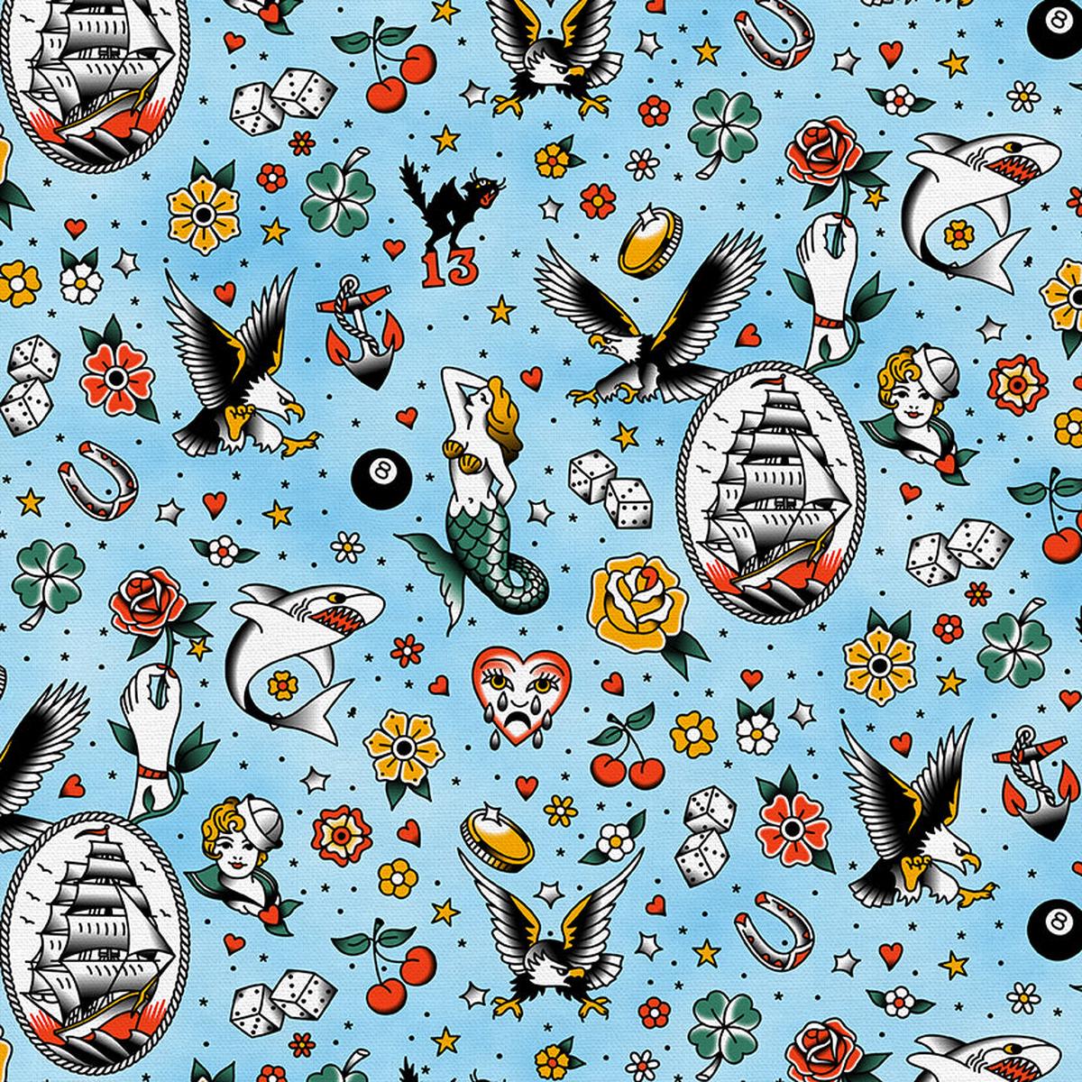 Tattoo Toss - Blue - Rayon Challis
