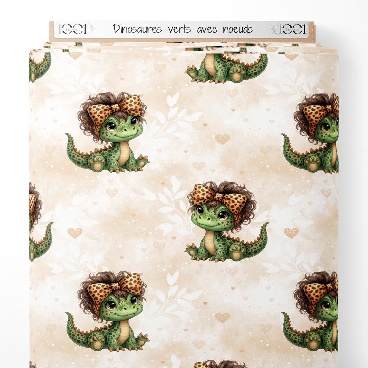 Tissu - Dinosaures verts avec nuds