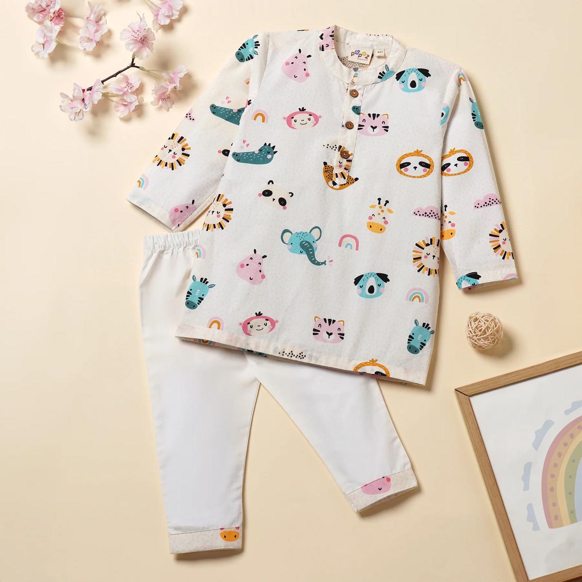 Kurta Pajama - White Rainbow Print