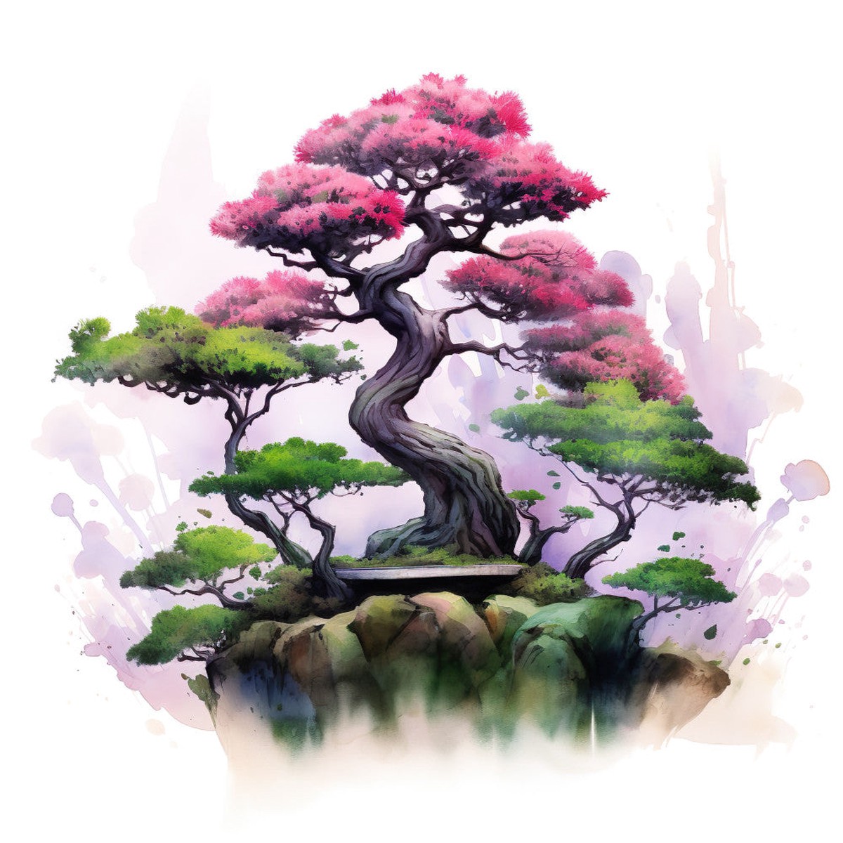 Watercolor Bonsai Tree Fabric Panel 10