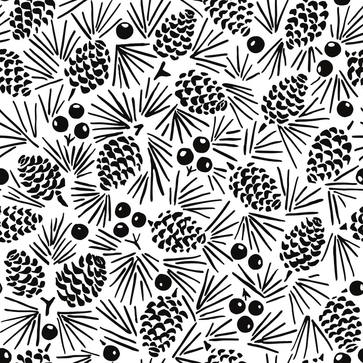 Pinecone Berries Fabric - BlackWhite