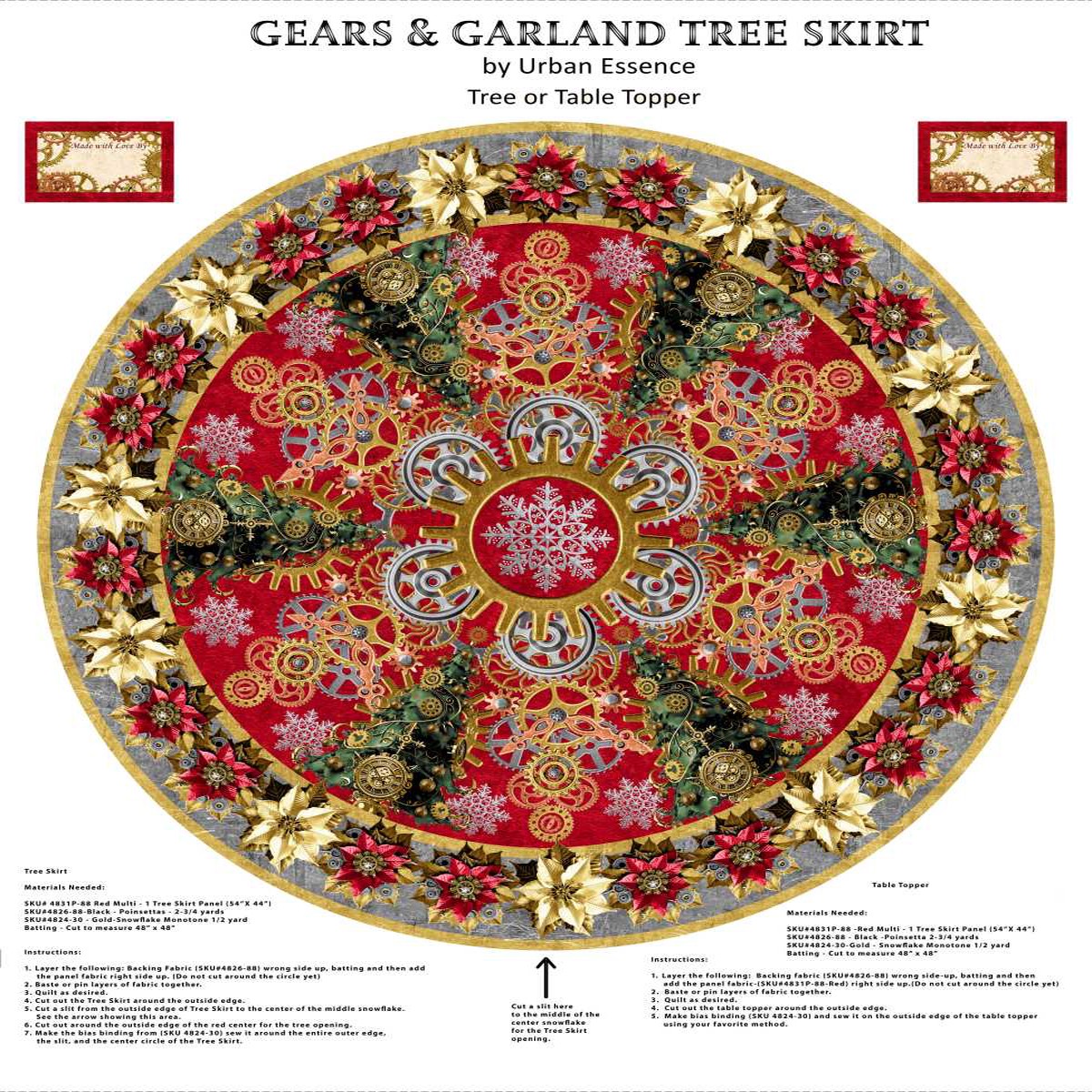 Blank Quilting Gears & Garland 4831P 88 Red Steampunk Christmas Tree Skirt 54" PANEL By The PANEL (Not Strictly By The Yard)