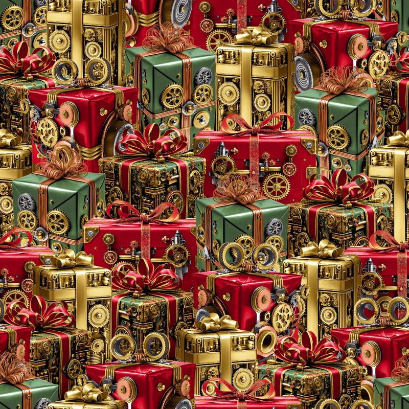 Preorder July 2026: Gears and Garland Steampunk Christmas Presents Red 4817-88 by Urban Essence Designs