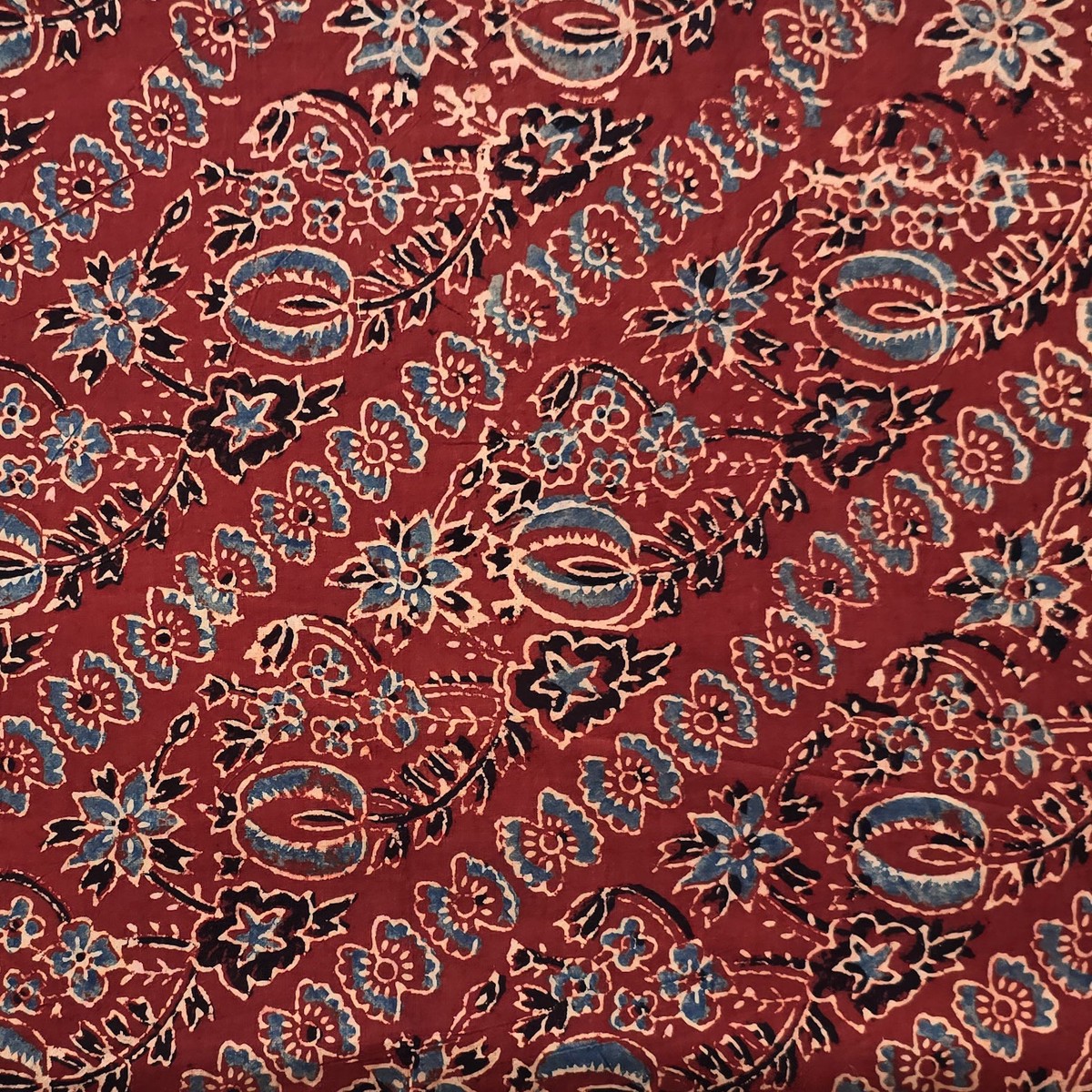 Pure Cotton Ajrak Red With Blue Fruit And Flower Jaal Hand Block Print Fabric