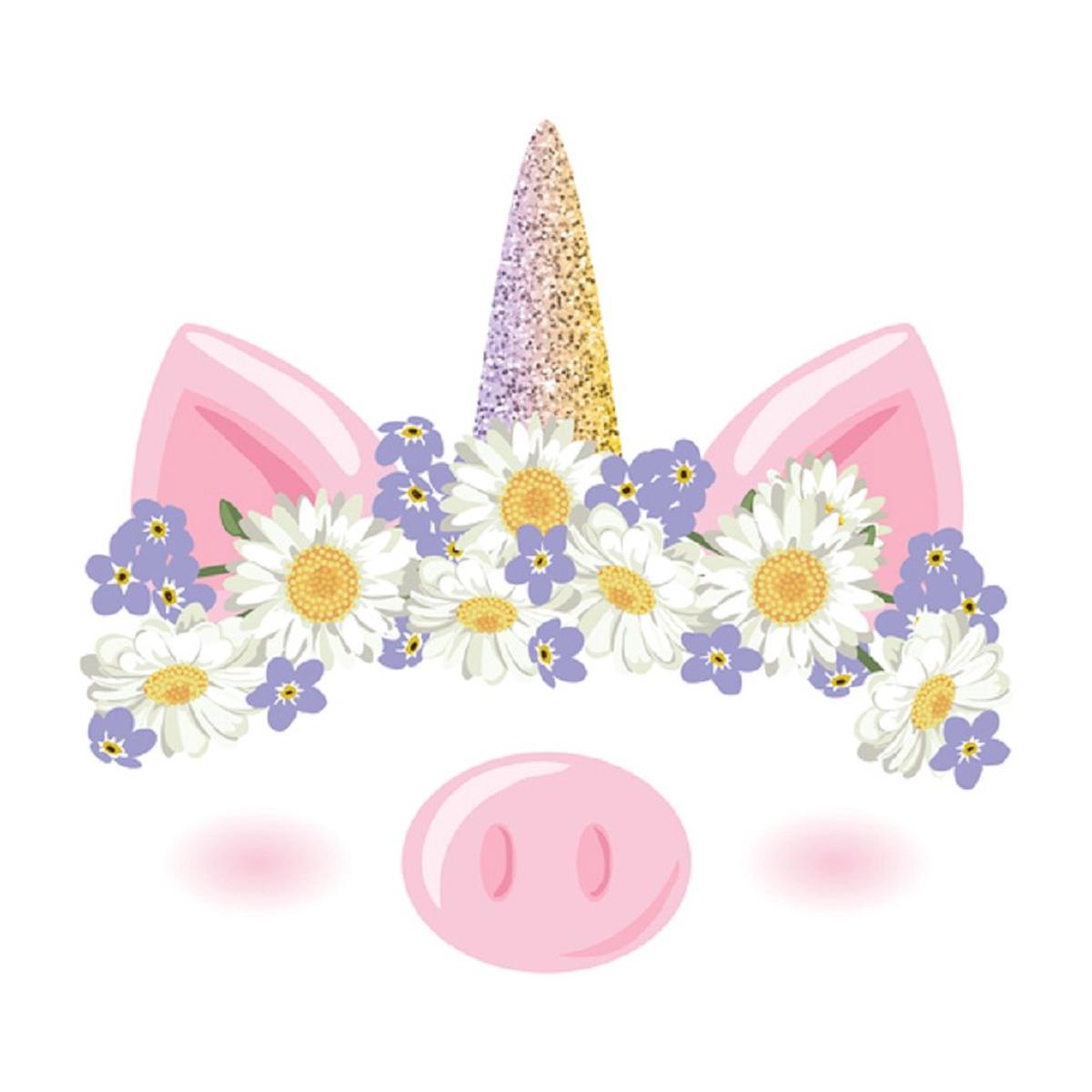 Unicorn Pig Floral Crown Fabric Panel - White