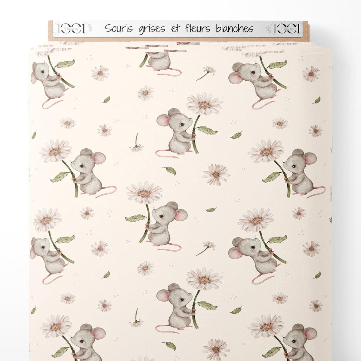 Tissu - Souris grises et fleurs blanches