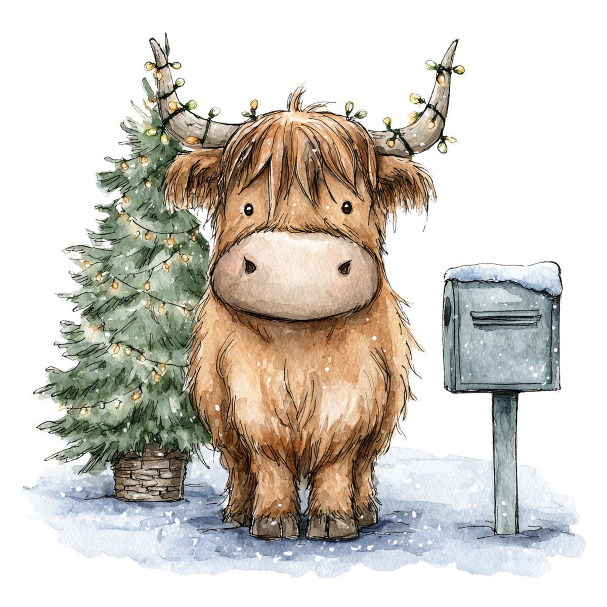 Vintage Christmas Highland Cows Fabric Panel 17