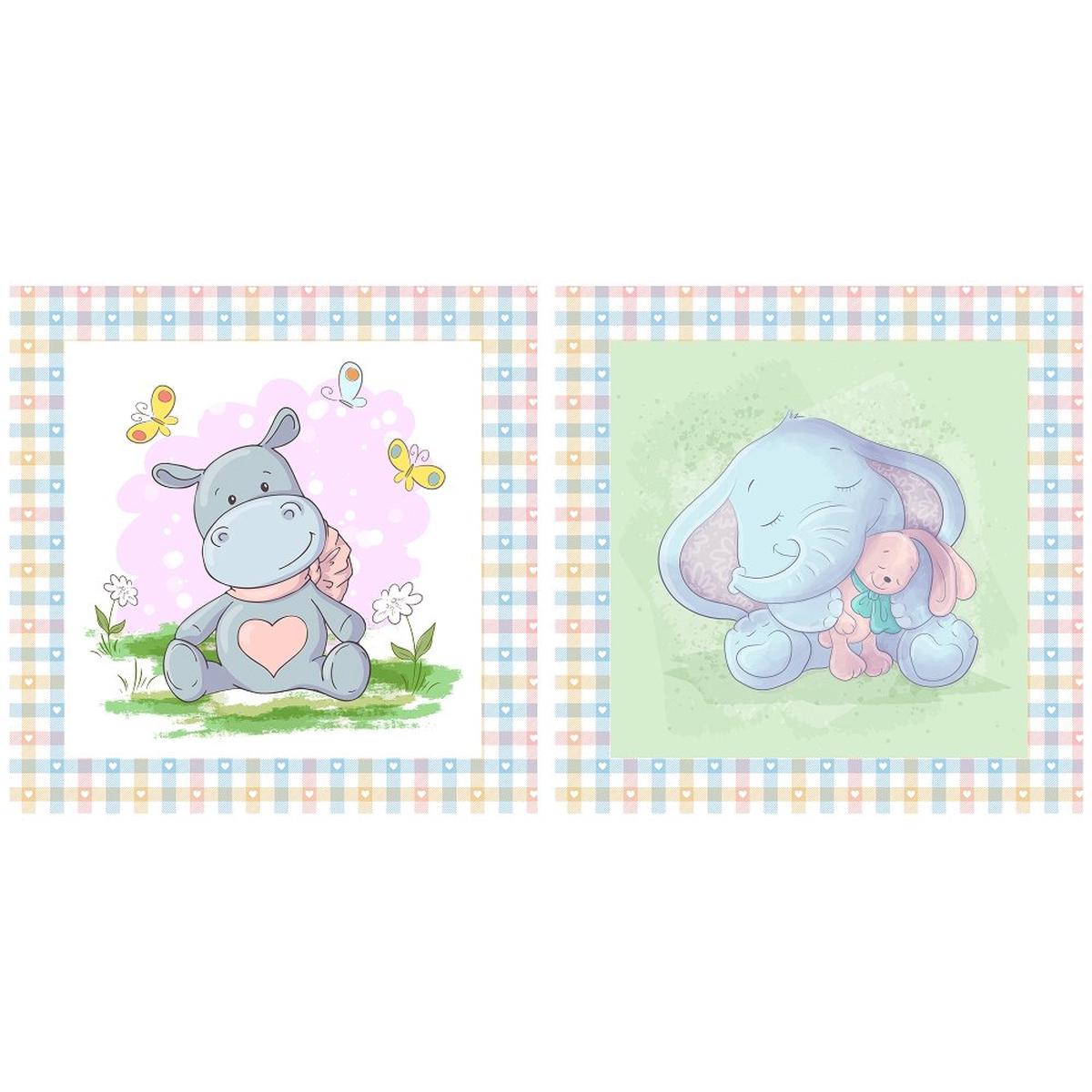Baby Elephant and Hippo Pillow Fabric Panels