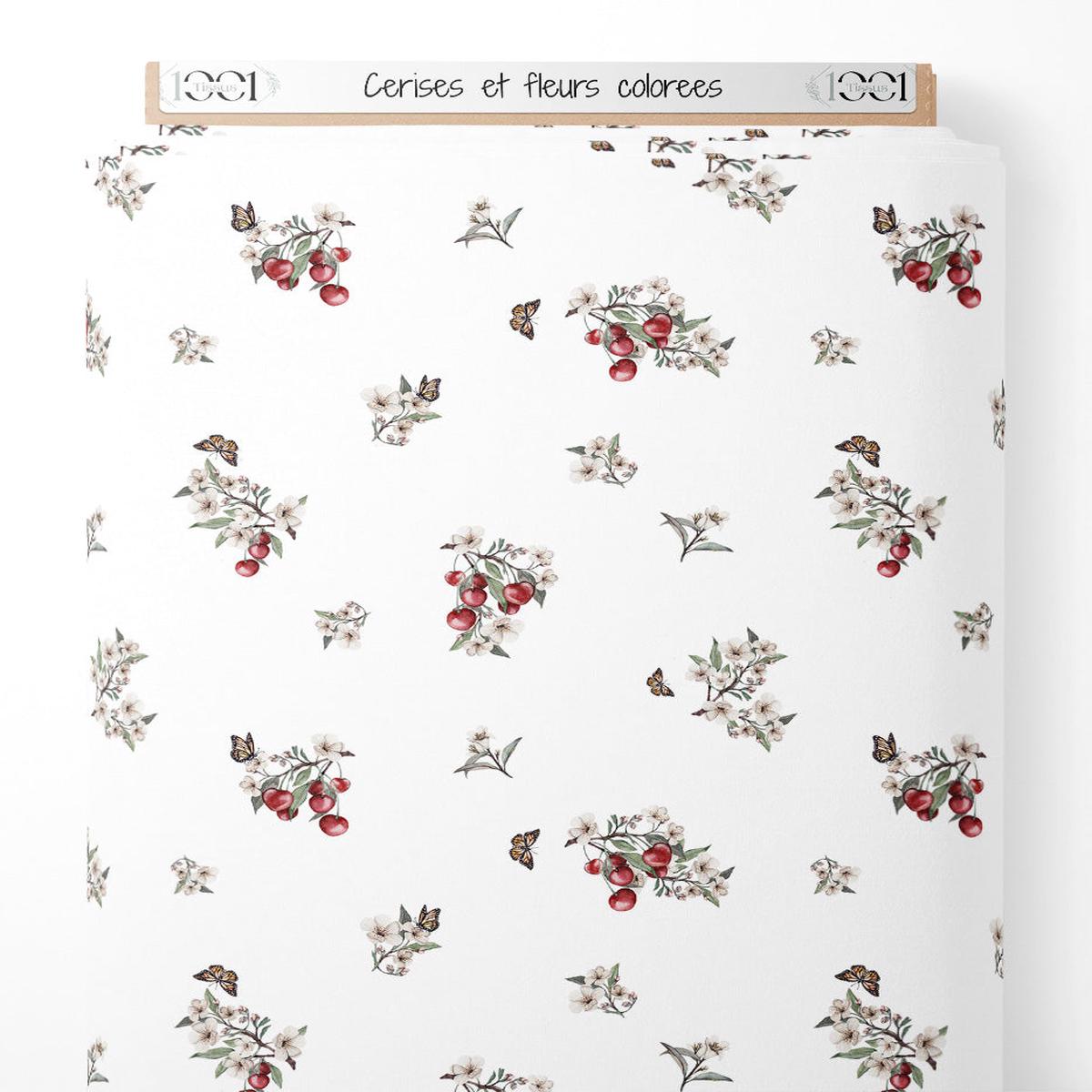 Tissu - Cerises et fleurs colores