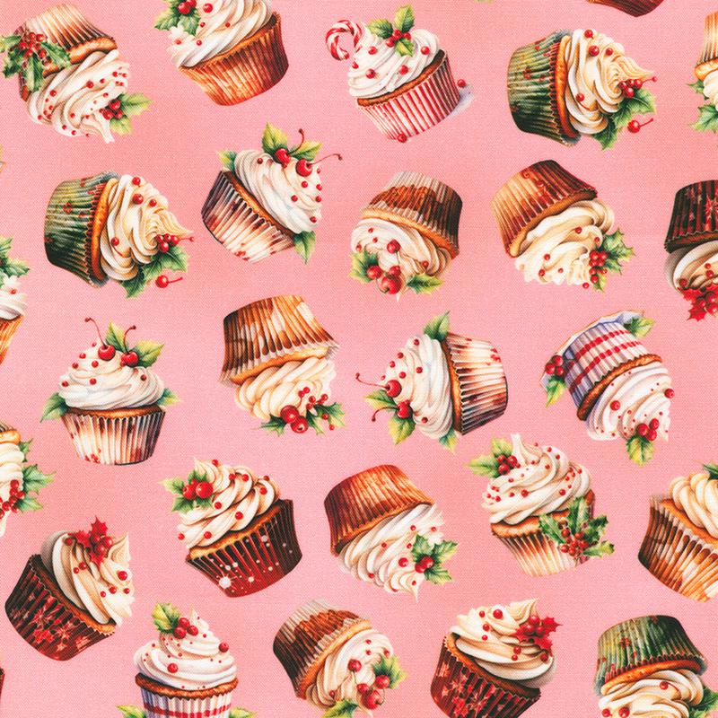 Fabric Robert Kaufman Pink Christmas Cupcakes Frosted by RKF by the Quarter Yard SRKD-23206-10