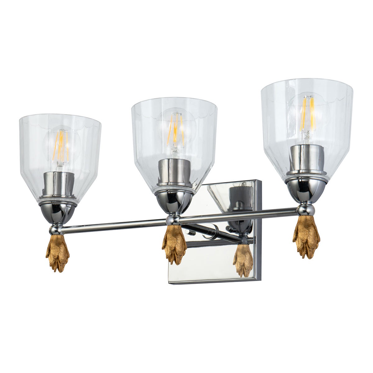 Lucas + McKearn Felice 3 Light Bath Bar in Polished Chrome with Gold Leaf and Clear Glass Shade