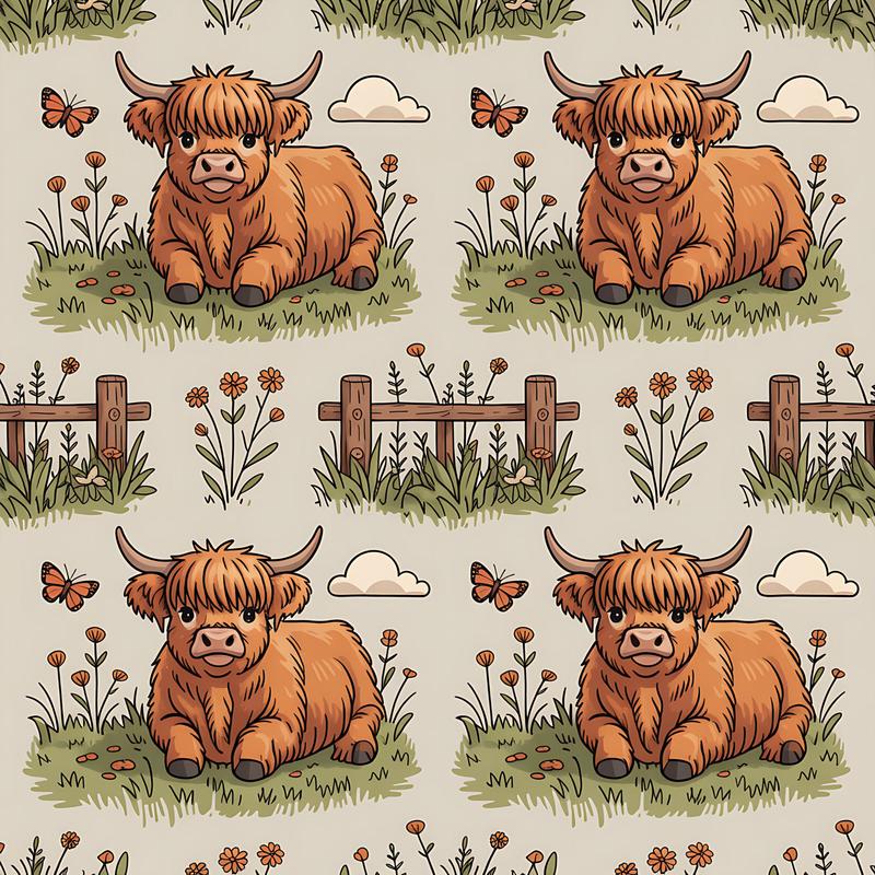 Cartoon Highland Cows Pattern 1 Quilting Cotton Fabric
